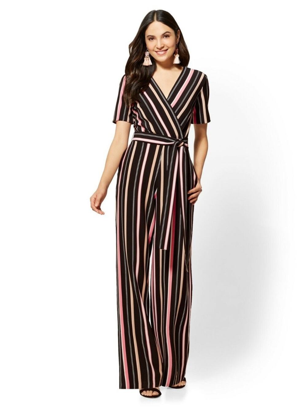 New York & Company Striped Black Pink Jumpsuit with Pockets Size Large